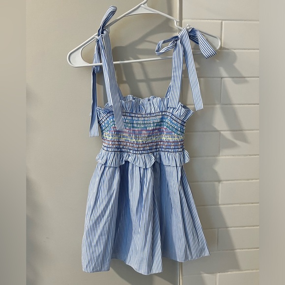 Tuckernuck Stripe Smocked Top, Size XS, Blue & White w/ Rainbow Threading-BNWT - Picture 2 of 3